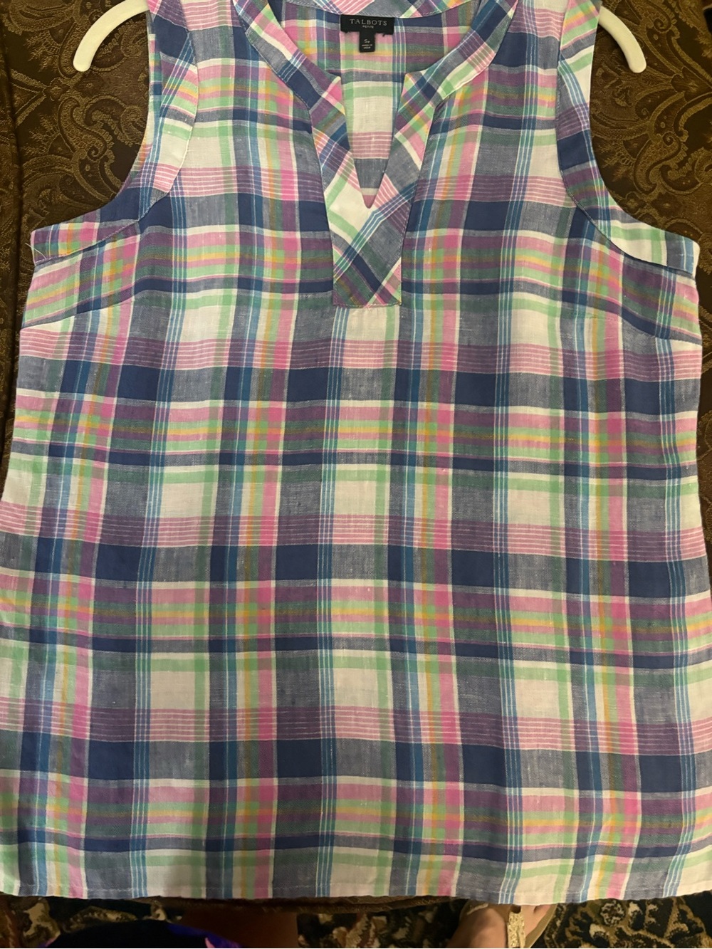 Talbots Linen Plaid Sleeveless top in Blue, Pink and Green Plaid